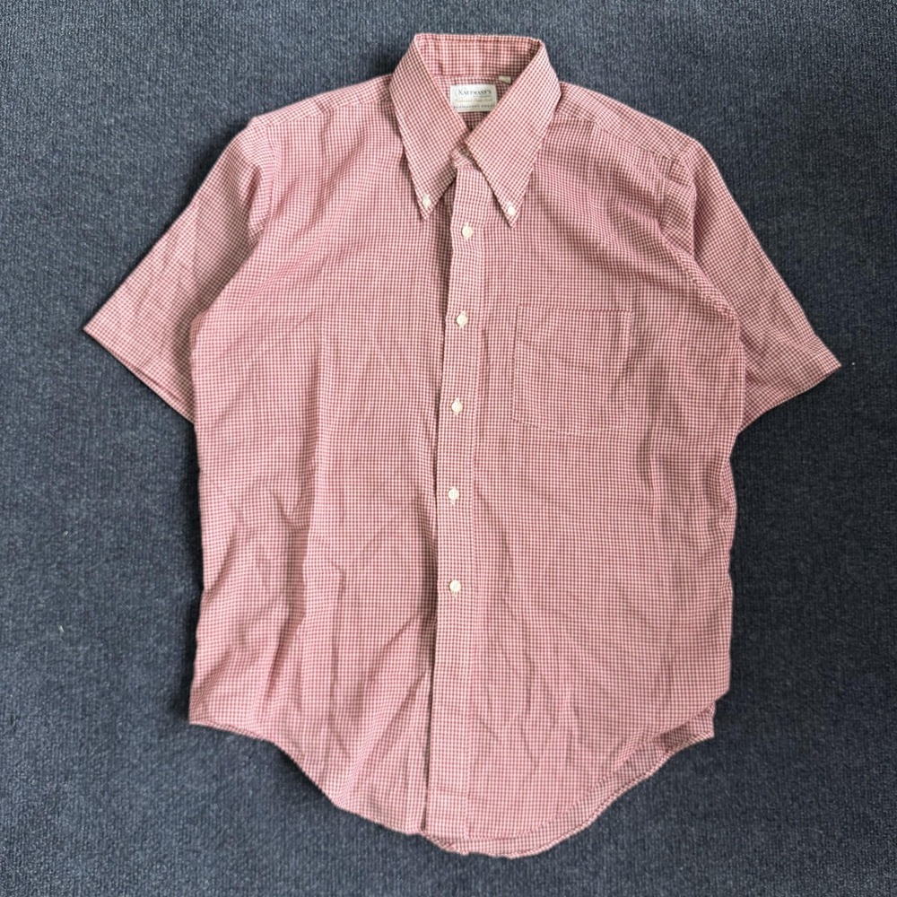 Vintage Kaufmann's Dress Shirt Mens 16 Red Gingham Short Sleeve Permanent Press